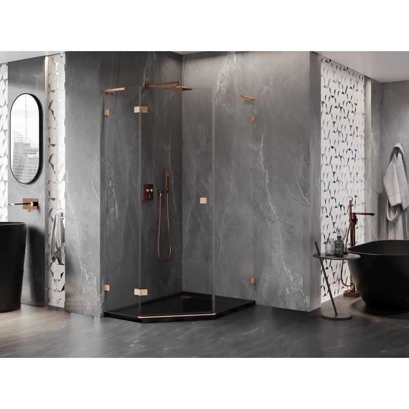 Mexen Lunar L pentagonal hinged left shower cabin 90 x 100 cm, transparent, brushed copper - 831L-090L-100P-65-00-L