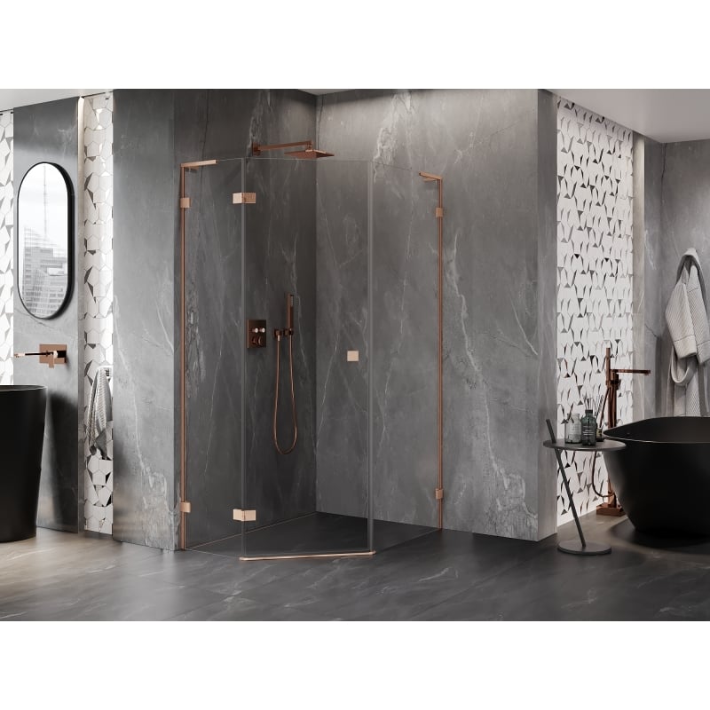Mexen Lunar L pentagonal hinged left shower cabin 90 x 100 cm, transparent, brushed copper - 831L-090L-100P-65-00-L