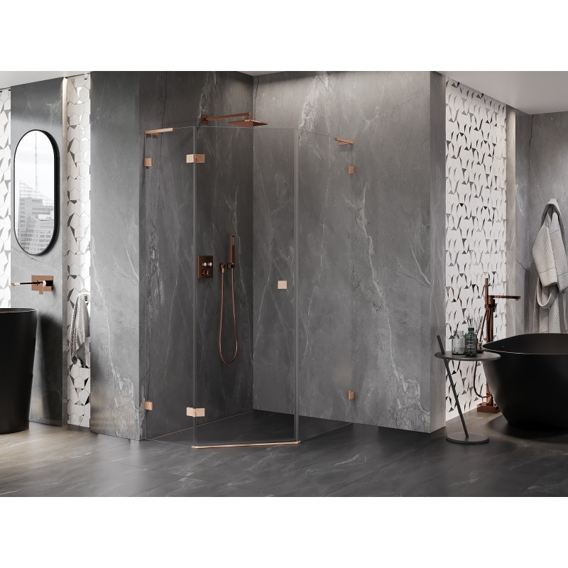 Mexen Lunar L pentagonal hinged left shower cabin 90 x 100 cm, transparent, brushed copper - 831L-090L-100P-65-00-L