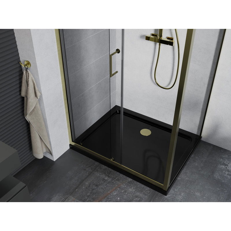 Mexen Apia sliding shower cabin 110 x 70 cm, transparent, gold + Flat tray, black - 840-110-070-50-00-4070G