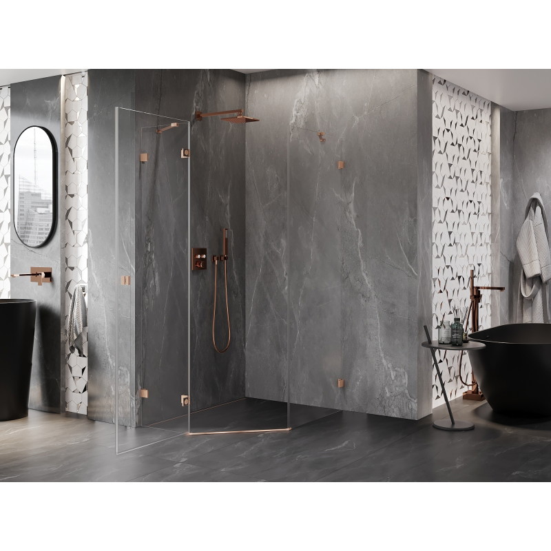 Mexen Lunar pentagon-shaped left-hinged shower cabin 90 x 100 cm, transparent, brushed copper - 831-090L-100P-65-00-L