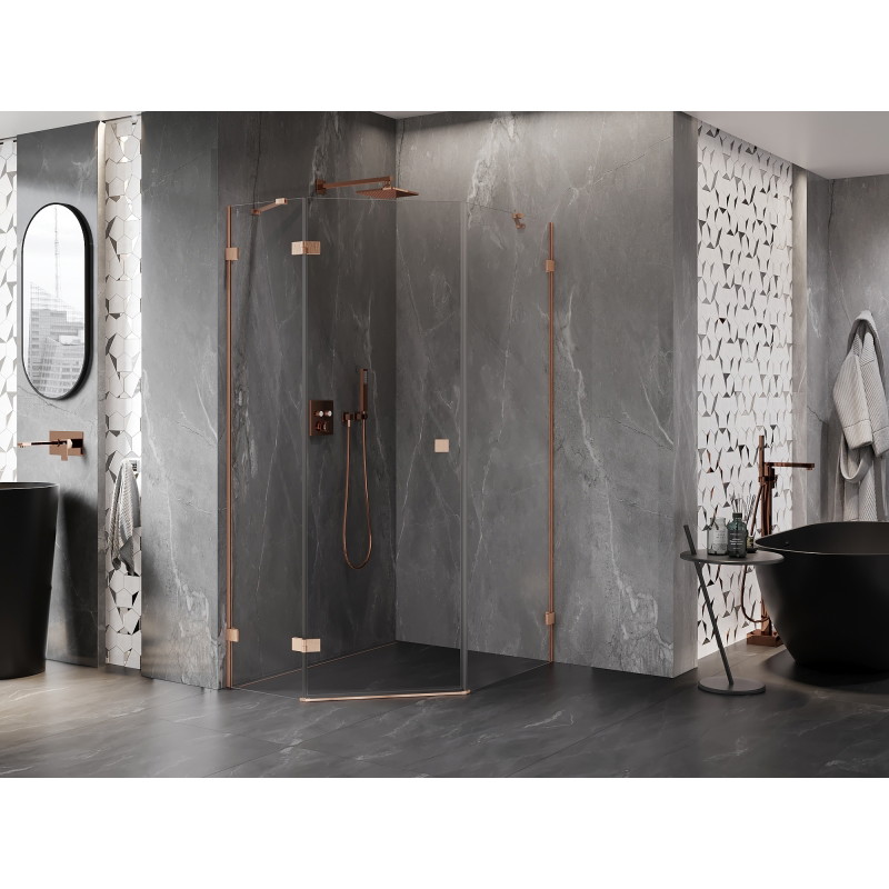 Mexen Lunar pentagon-shaped left-hinged shower cabin 90 x 100 cm, transparent, brushed copper - 831-090L-100P-65-00-L