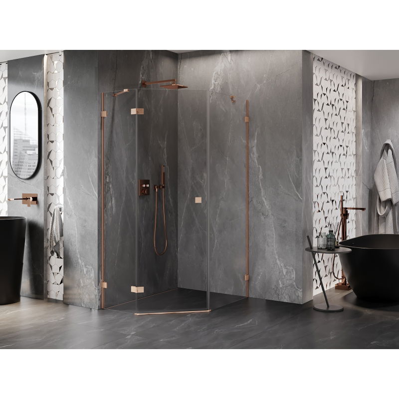 Mexen Lunar pentagonal left pivot shower cabin 90 x 100 cm, transparent, brushed copper - 831-090L-100P-65-00-L