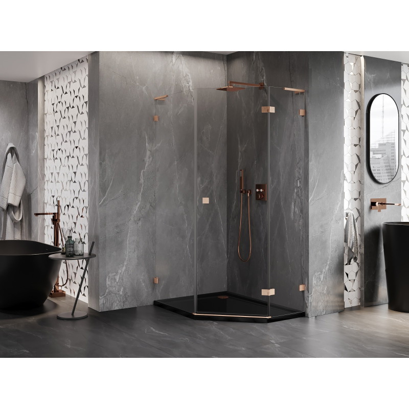 Mexen Lunar L pentagonal right-hinged shower enclosure 90 x 100 cm, transparent, brushed copper - 831L-090P-100L-65-00-P