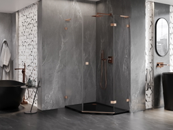 Mexen Lunar L pentagonal right-hinged shower enclosure 90 x 100 cm, transparent, brushed copper - 831L-090P-100L-65-00-P