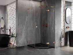 Mexen Lunar L Pentagonal Shower Enclosure Hinged Right 90 x 100 cm, Transparent, Brushed Copper - 831L-090P-100L-65-00-P