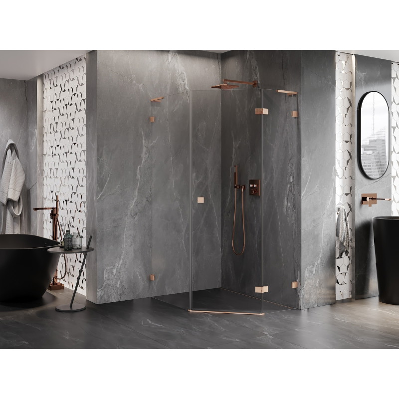 Mexen Lunar L pentagonal right-hinged shower enclosure 90 x 100 cm, transparent, brushed copper - 831L-090P-100L-65-00-P
