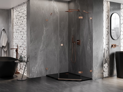 Mexen Lunar pentagonal hinged right shower cabin 80 x 90 cm, transparent, brushed copper - 831-080P-090L-65-00-P