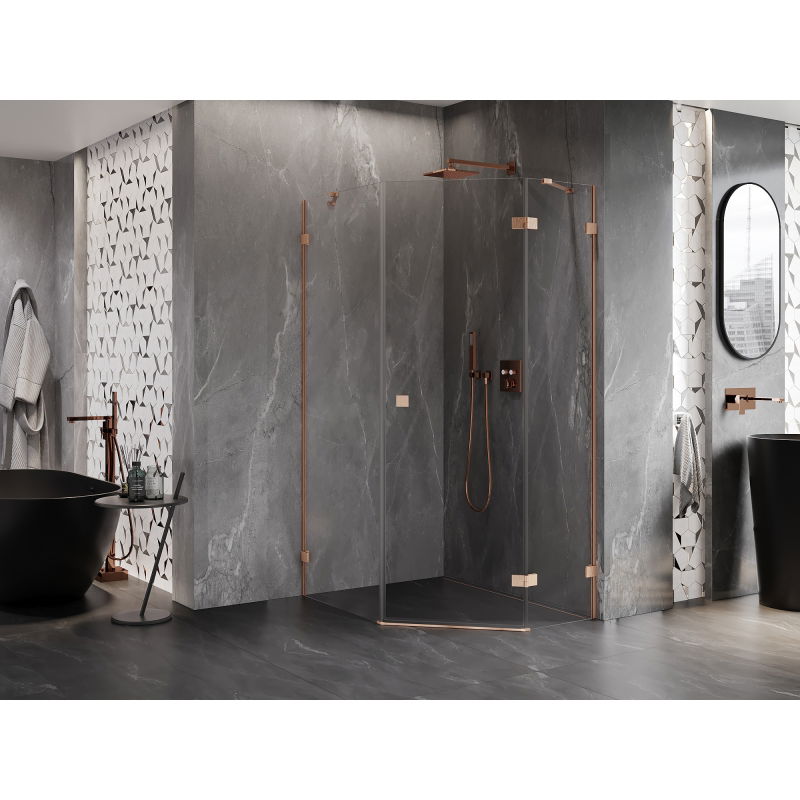 Mexen Lunar pentagonal hinged right shower cabin 90 x 100 cm, transparent, brushed copper - 831-090P-100L-65-00-P