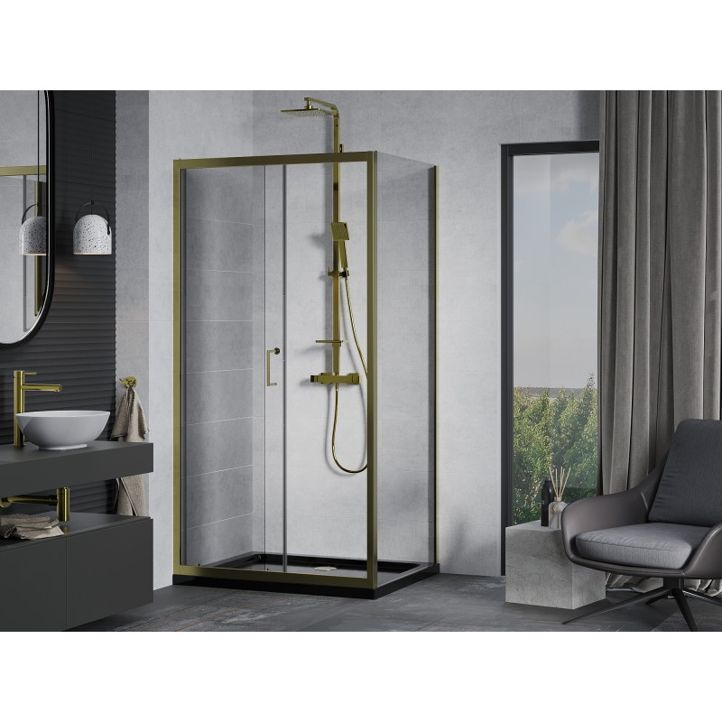 Mexen Apia sliding shower cabin 110 x 80 cm, transparent, gold + Flat shower tray, black - 840-110-080-50-00-4070G