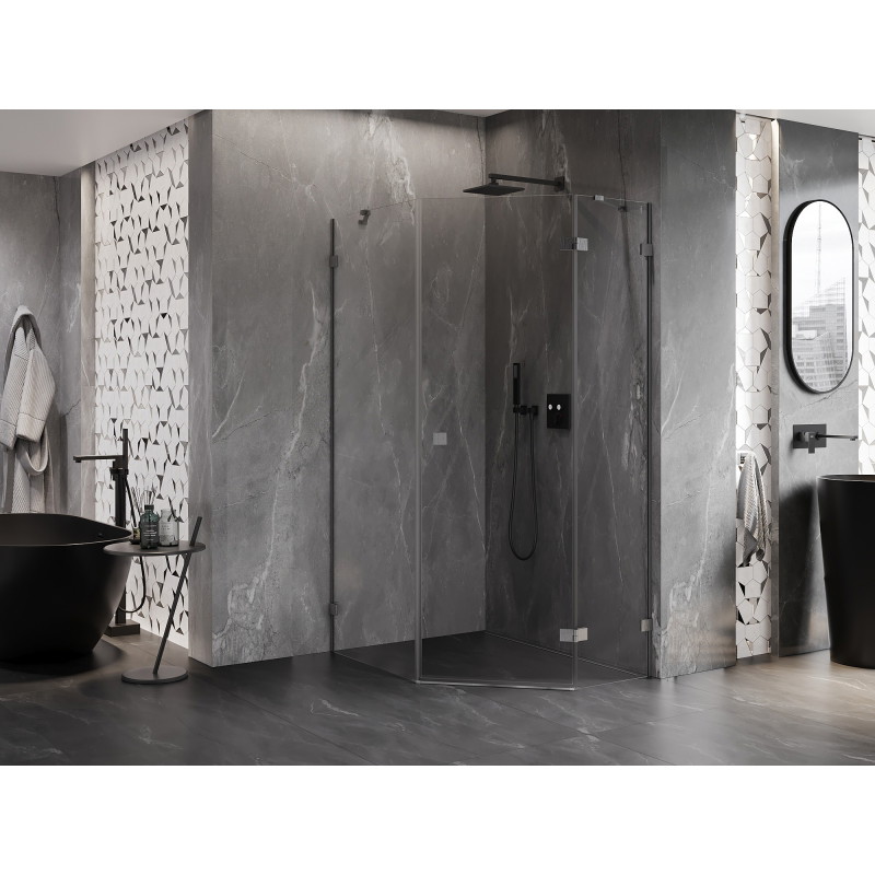 Mexen Lunar pentagonal hinged shower enclosure right 80 x 90 cm, transparent, gun gray brushed - 831-080P-090L-66-00-P