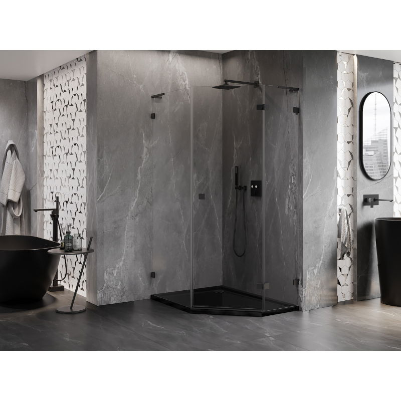 Mexen Lunar L pentagonal hinged shower enclosure right 80 x 90 cm, transparent, black - 831L-080P-090L-70-00-P