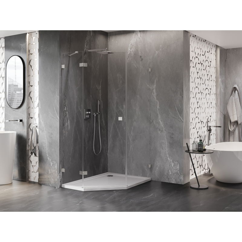 Mexen Lunar pentagonal shower enclosure with left side hinge 80 x 90 cm, transparent, brushed nickel - 831-080L-090P-97-00-L