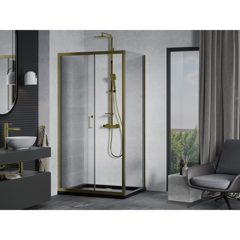 Mexen Apia sliding shower cabin 130 x 80 cm, transparent, gold + Flat shower tray, black - 840-130-080-50-00-4070G