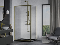 Mexen Apia sliding shower cabin 140 x 70 cm, transparent, gold + Flat shower tray, black - 840-140-070-50-00-4070G