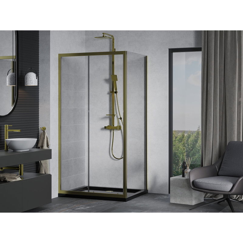 Mexen Apia sliding shower cabin 140 x 90 cm, transparent, gold + Flat tray, black - 840-140-090-50-00-4070G