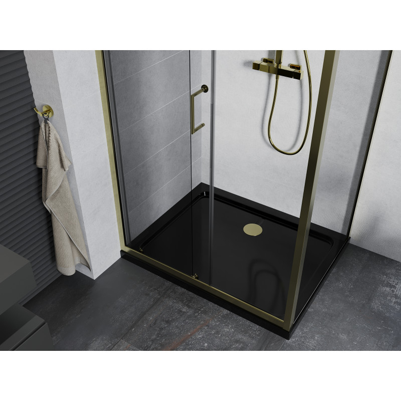 Mexen Apia sliding shower cabin 140 x 100 cm, transparent, gold + Flat shower tray, black - 840-140-100-50-00-4070G