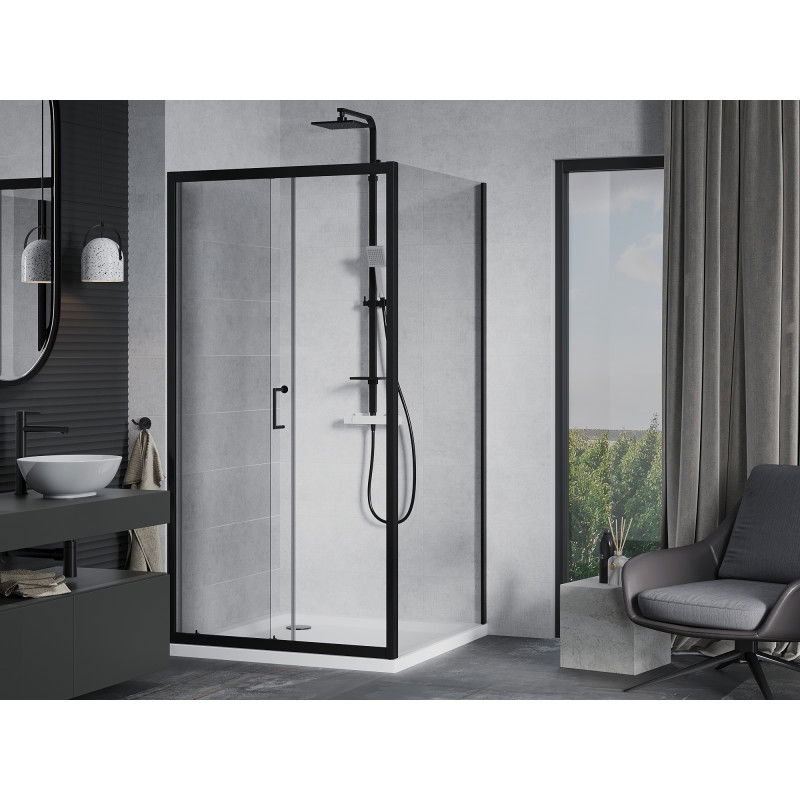 Mexen Apia sliding shower cabin 90 x 90 cm, transparent, black + Flat shower tray, white- 840-090-090-70-00-4010B