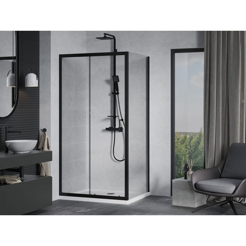 Mexen Apia sliding shower enclosure 130 x 80 cm, transparent, black + Flat tray, white - 840-130-080-70-00-4010B