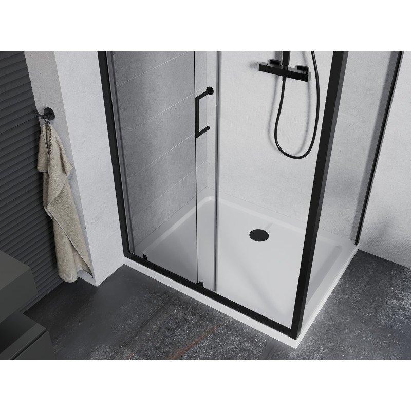 Mexen Apia sliding shower cabin 140 x 80 cm, transparent, black + Flat shower tray, white - 840-140-080-70-00-4010B