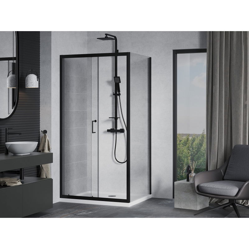 Mexen Apia Sliding Shower Enclosure 140 x 80 cm, Transparent, Black + Flat Tray, White- 840-140-080-70-00-4010B