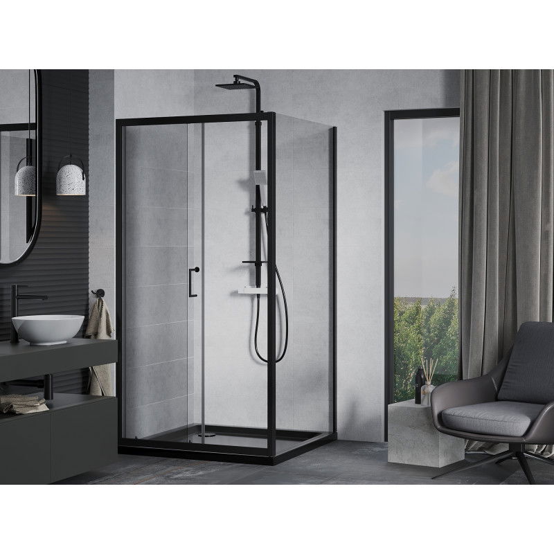 Mexen Apia 90 x 90 cm Sliding Shower Cabin, Transparent, Black + Flat Tray, Black - 840-090-090-70-00-4070B