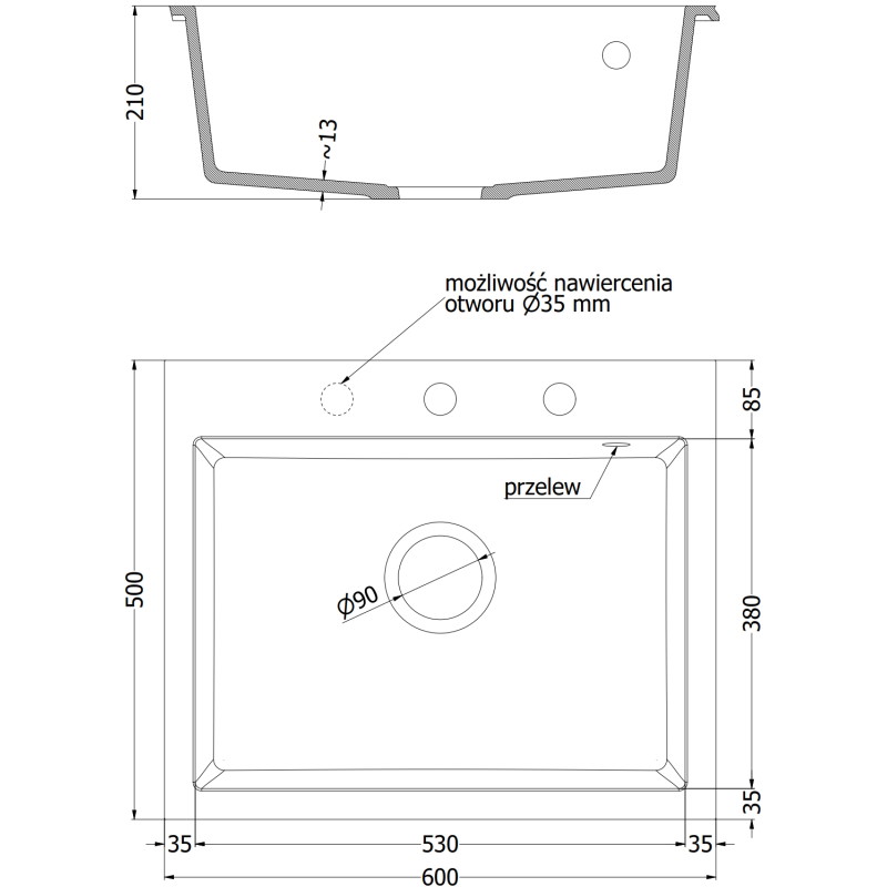 Mexen Elix granite kitchen sink 1-bowl 600 x 500 mm, black, chrome siphon - 6525601005-77