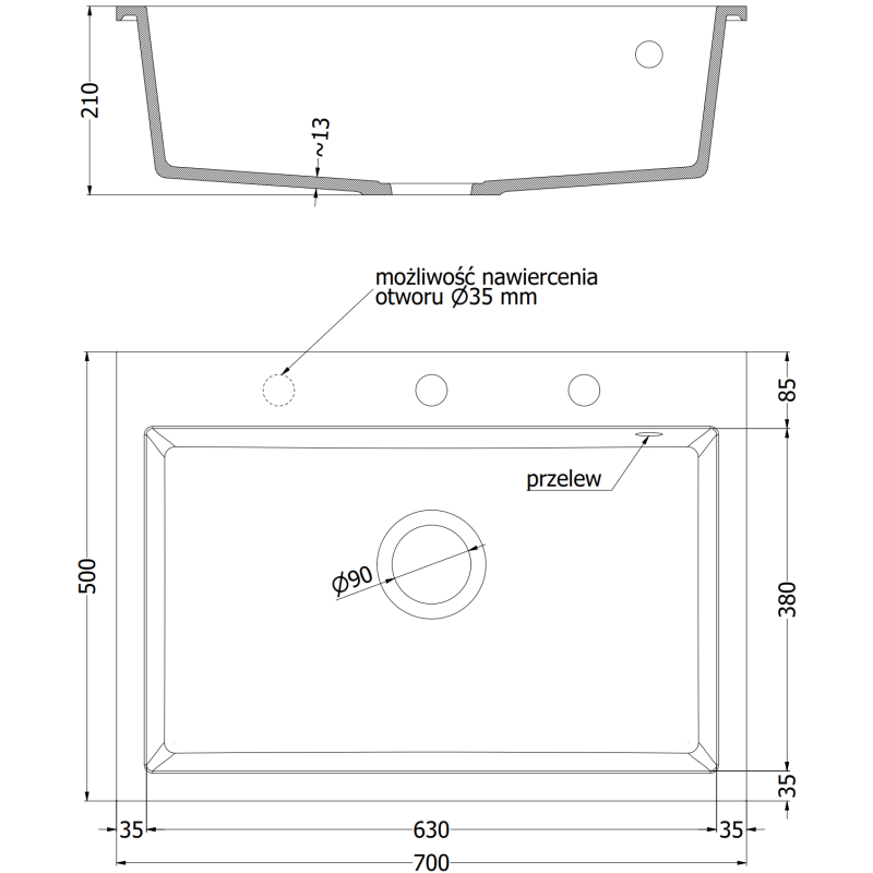 Mexen Elix granite sink 1-bowl 700 x 500 mm, grey, gold siphon - 6526701005-71-G
