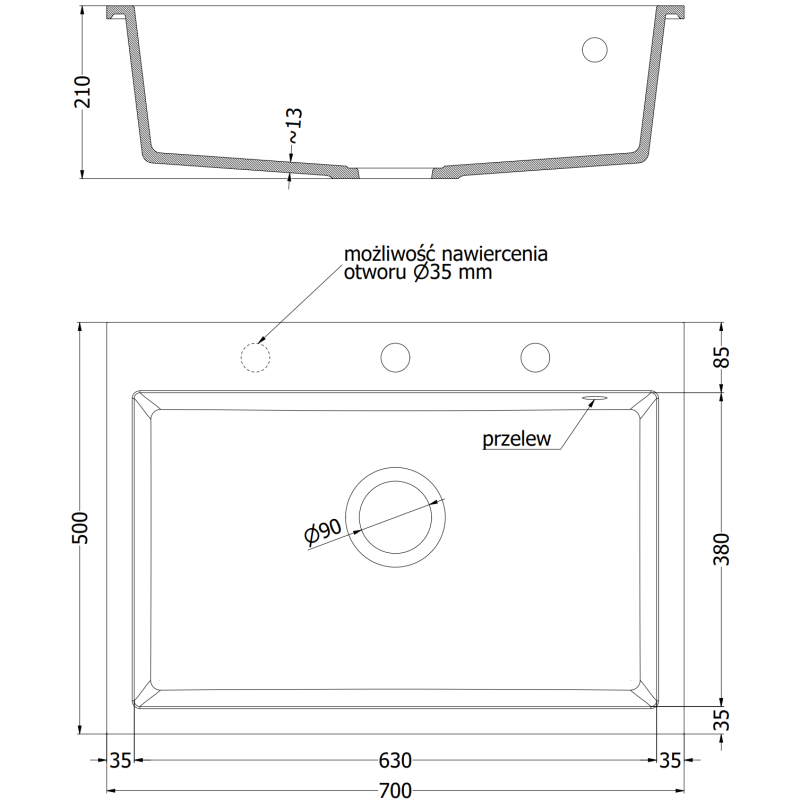 Mexen Elix granite sink 1-bowl 700 x 500 mm, white, black siphon - 6526701005-20-B