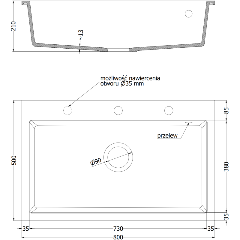 Mexen Elix granite sink 1-bowl 800 x 500 mm, black speckled, golden siphon - 6527801005-76-G