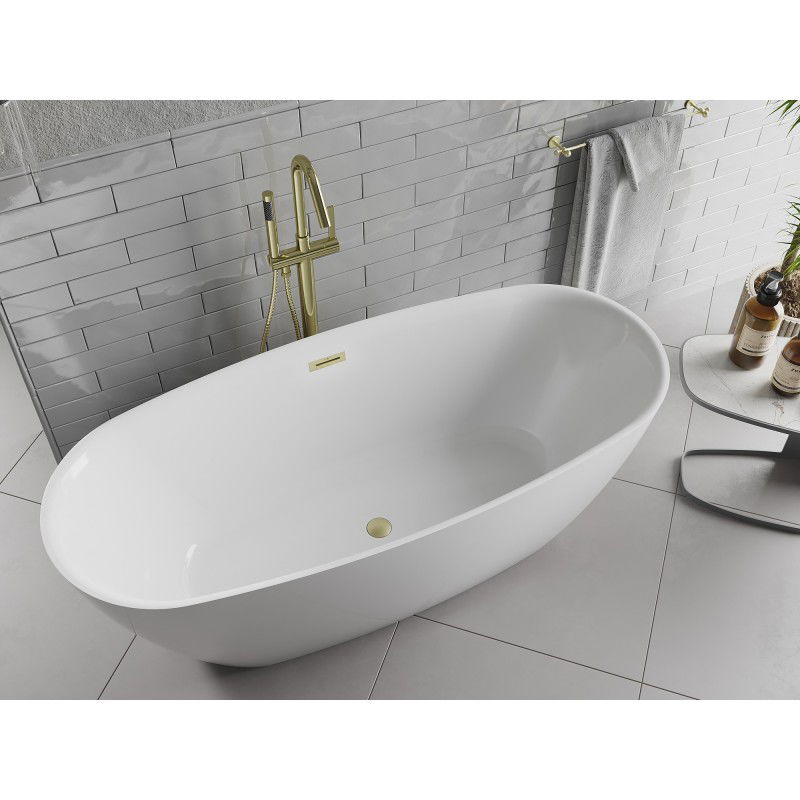 Mexen Luvo Slim freestanding bathtub 170 x 75 cm, white, brushed gold overflow - 52801707500-55