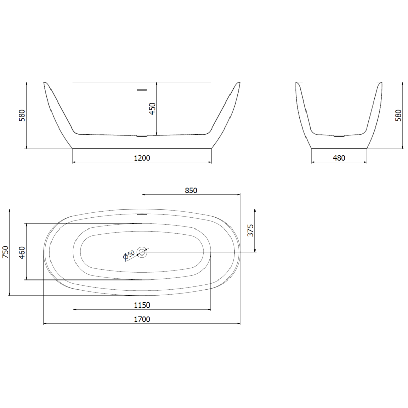 Mexen Luvo Slim freestanding bathtub 170 x 75 cm, white, brushed gun gray overflow - 52801707500-66