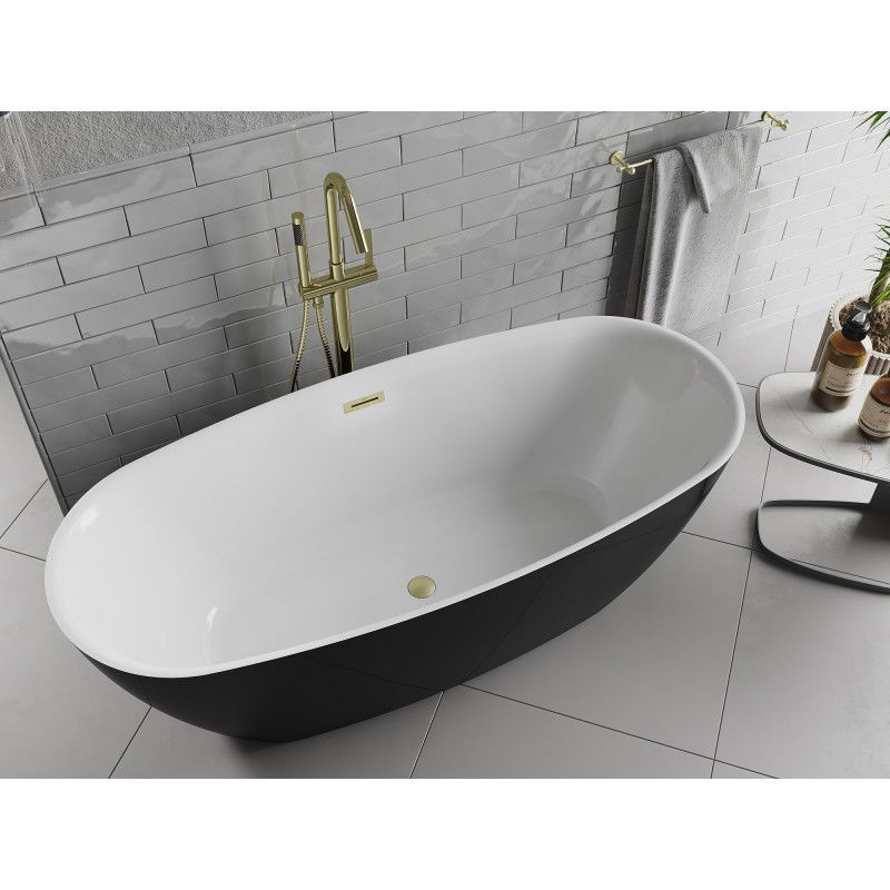 Mexen Luvo Slim freestanding bath 170 x 75 cm, white/black, brushed gold overflow - 52801707575-55