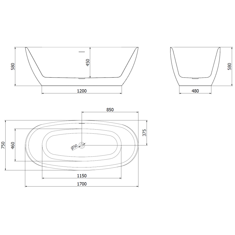 Mexen Luvo Slim 170 x 75 cm freestanding bath, white/black, brushed nickel overflow - 52801707575-97
