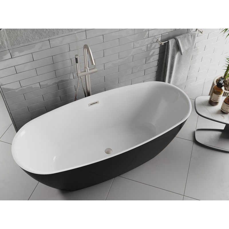 Mexen Luvo Slim 170 x 75 cm freestanding bath, white/black, brushed nickel overflow - 52801707575-97