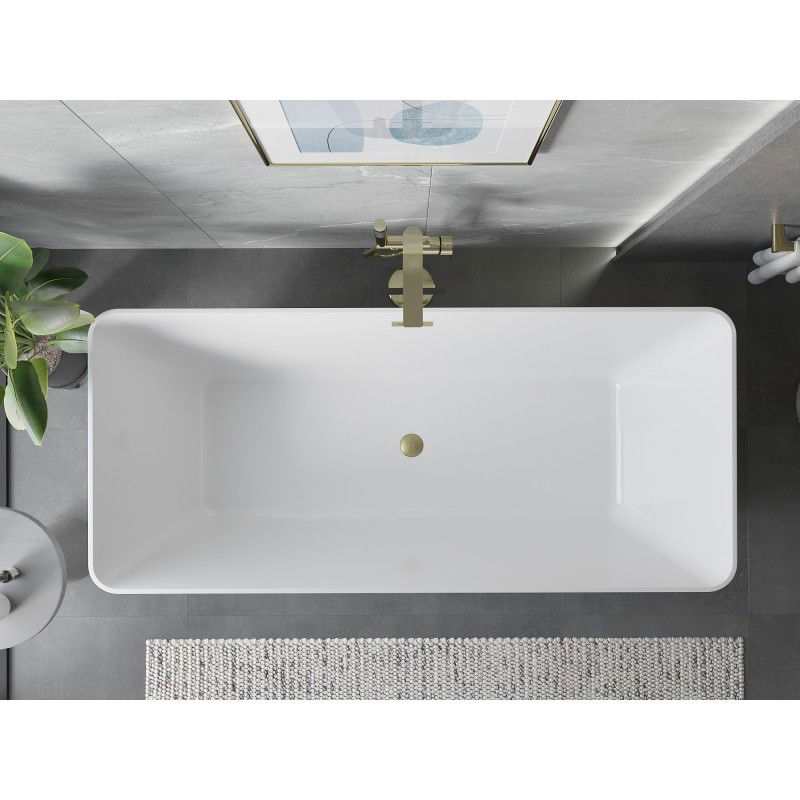 Mexen Velo Slim Freestanding Bath 170 x 75 cm, White, Brushed Gold Overflow - 52811707500-55