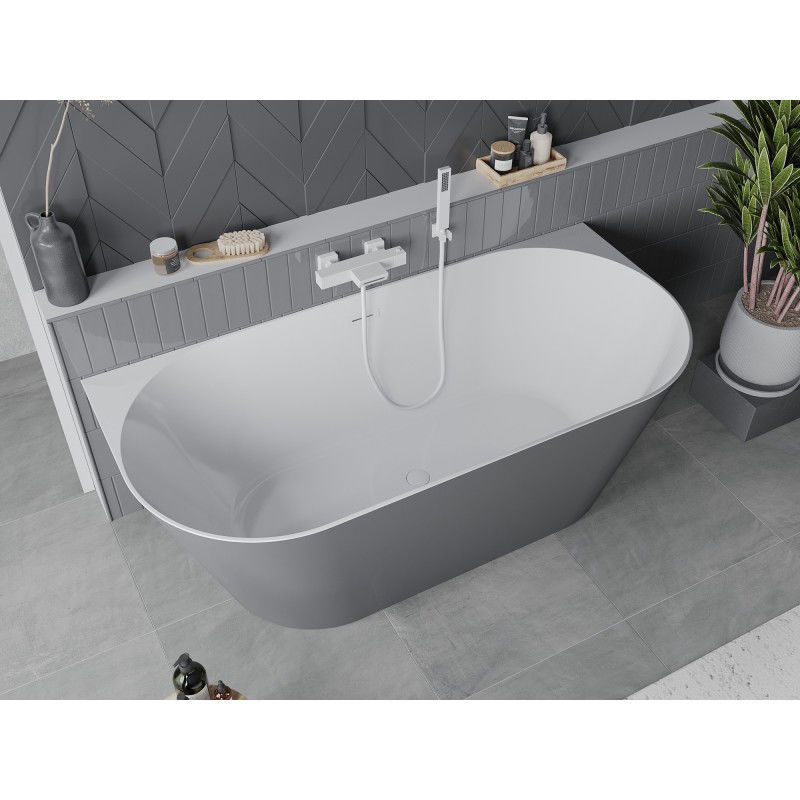 Mexen Oval Slim freestanding back to wall bath 170 x 80 cm, white/grey, white overflow - 52661708062-20