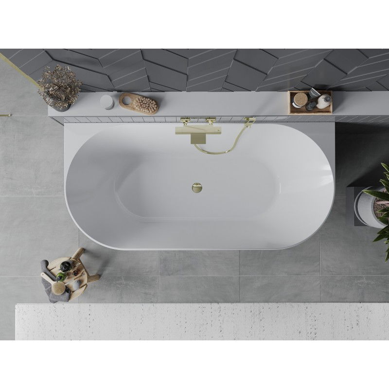 Mexen Oval Slim freestanding back-to-wall bathtub 170 x 80 cm, white/gray, gold overflow - 52661708062-50