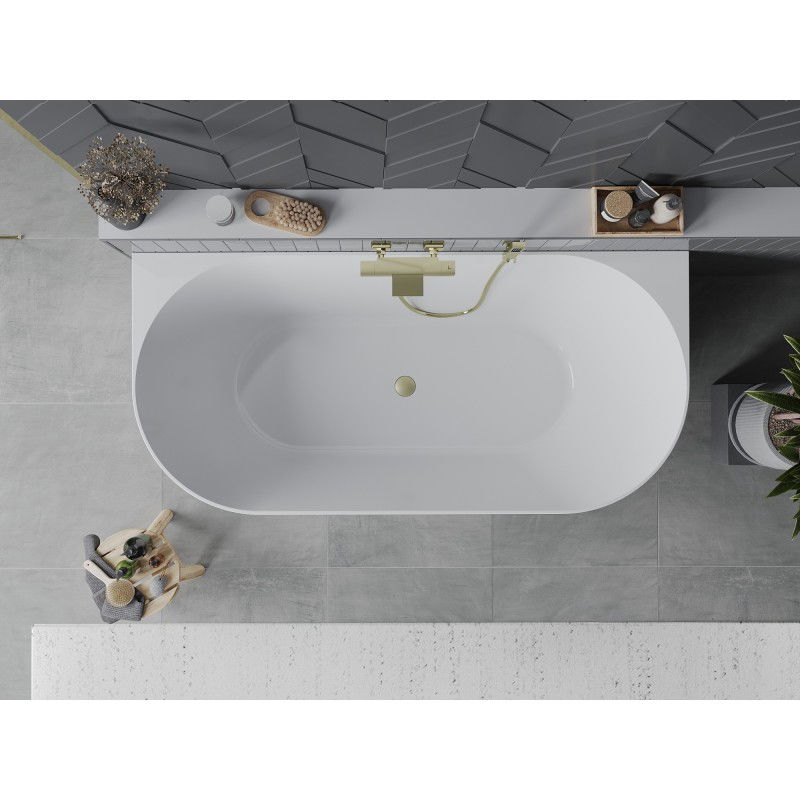 Mexen Oval Slim freestanding wall-mounted bathtub 170 x 80 cm, white/grey, brushed gold overflow - 52661708062-55