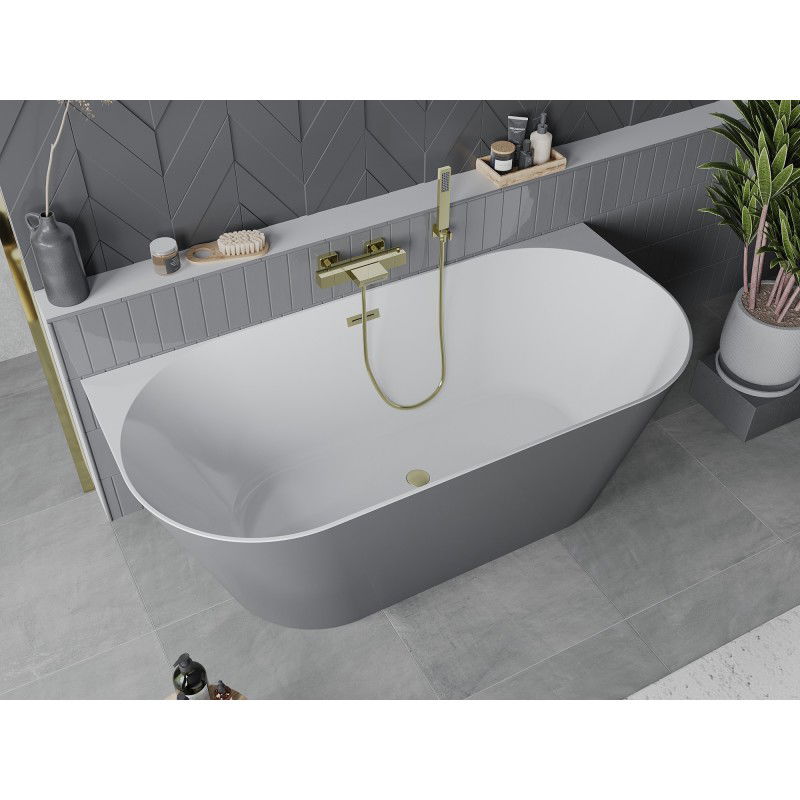 Mexen Oval Slim freestanding wall-mounted bathtub 170 x 80 cm, white/grey, brushed gold overflow - 52661708062-55