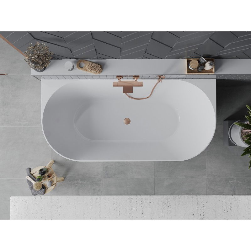 Mexen Oval Slim freestanding back-to-wall bathtub 170 x 80 cm, white/gray, brushed copper overflow - 52661708062-65