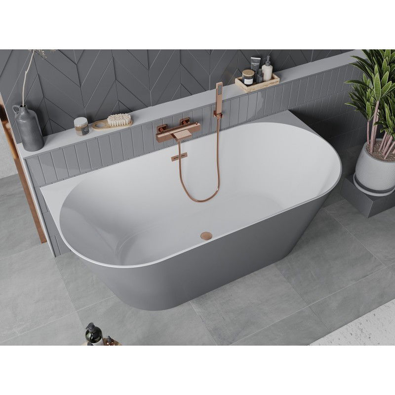 Mexen Oval Slim freestanding back-to-wall bathtub 170 x 80 cm, white/gray, brushed copper overflow - 52661708062-65