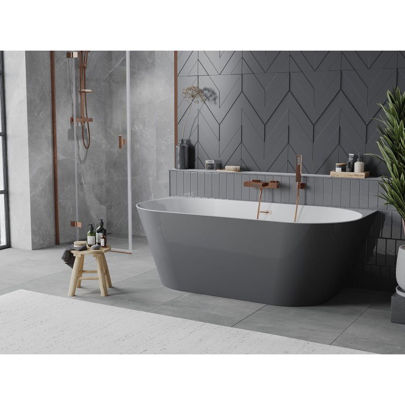 Mexen Oval Slim freestanding back-to-wall bathtub 170 x 80 cm, white/gray, brushed copper overflow - 52661708062-65