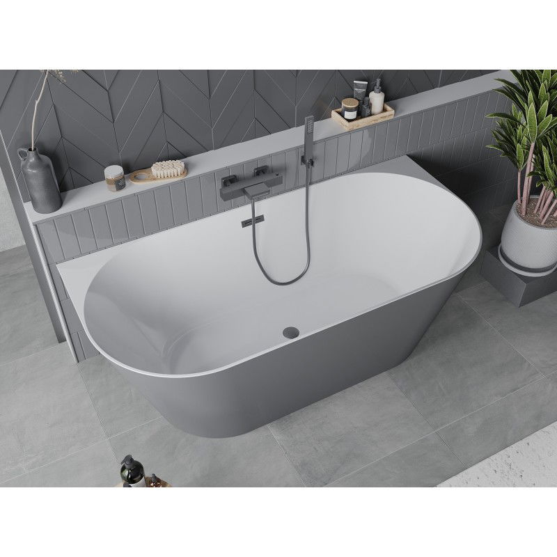 Mexen Oval Slim freestanding back-to-wall bath 170 x 80 cm, white/grey, gun metal overflow - 52661708062-95
