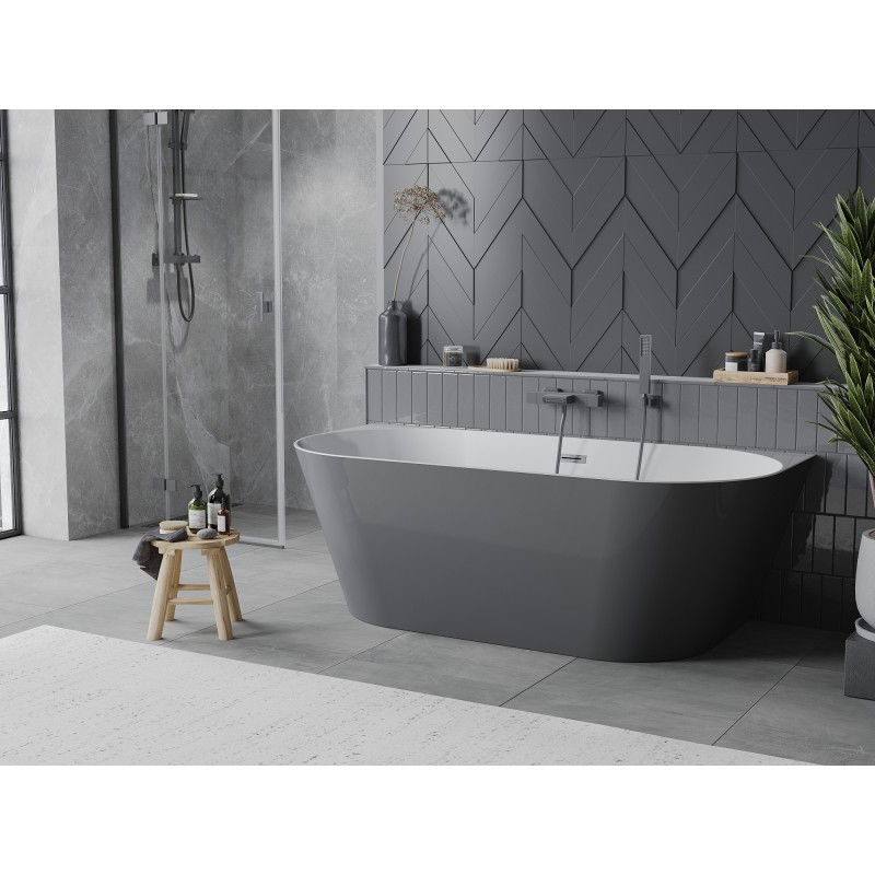 Mexen Oval Slim free-standing back-to-wall bathtub 170 x 80 cm, white/gray, overflow gun metal - 52661708062-95