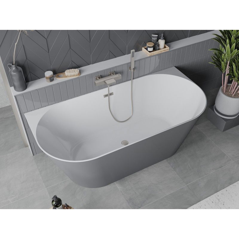 Mexen Oval Slim freestanding back-to-wall bath 170 x 80 cm, white/grey, brushed nickel overflow - 52661708062-97
