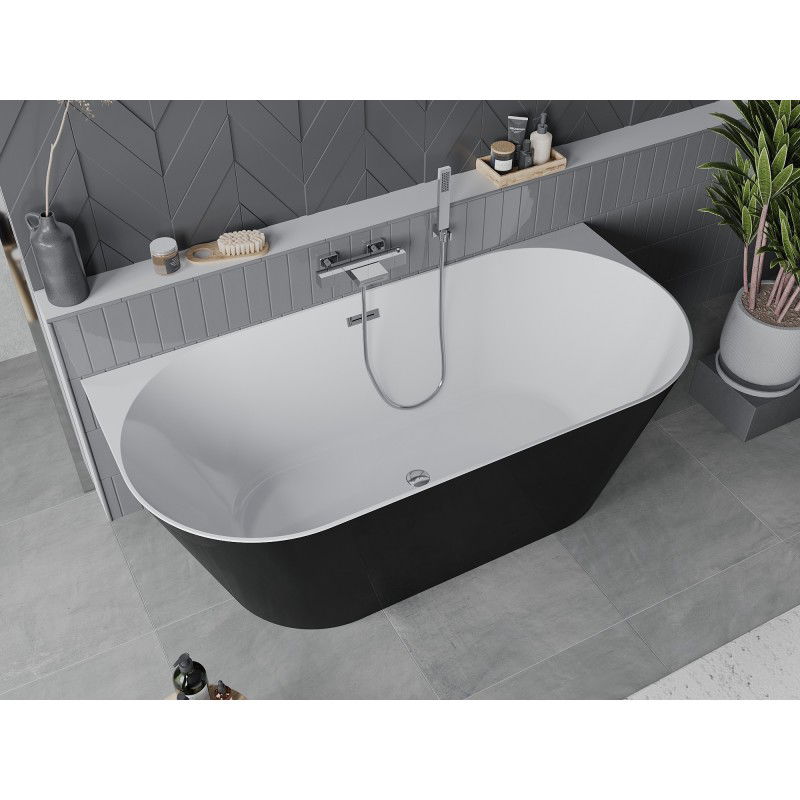Mexen Oval Slim freestanding wall-adjacent bathtub 170 x 80 cm, white/black, chrome overflow - 52661708075-01