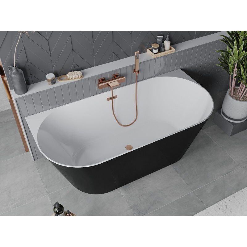 Mexen Oval Slim 170 x 80 cm Freestanding Wall Bathtub, White/Black, Brushed Copper Overflow - 52661708075-65
