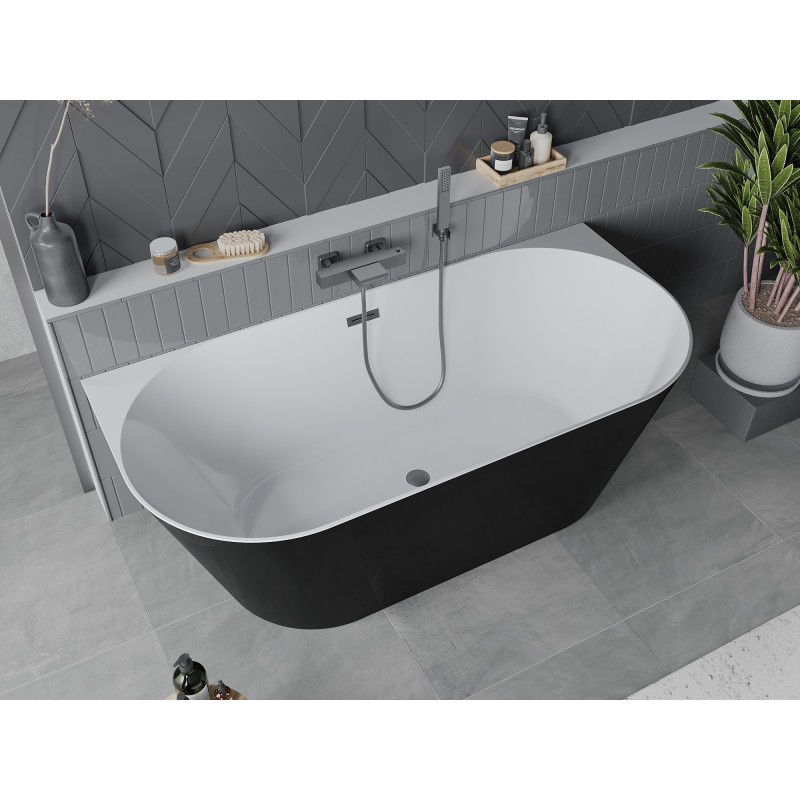 Mexen Oval Slim freestanding back-to-wall bath 170 x 80 cm, white/black, brushed gun gray overflow - 52661708075-66