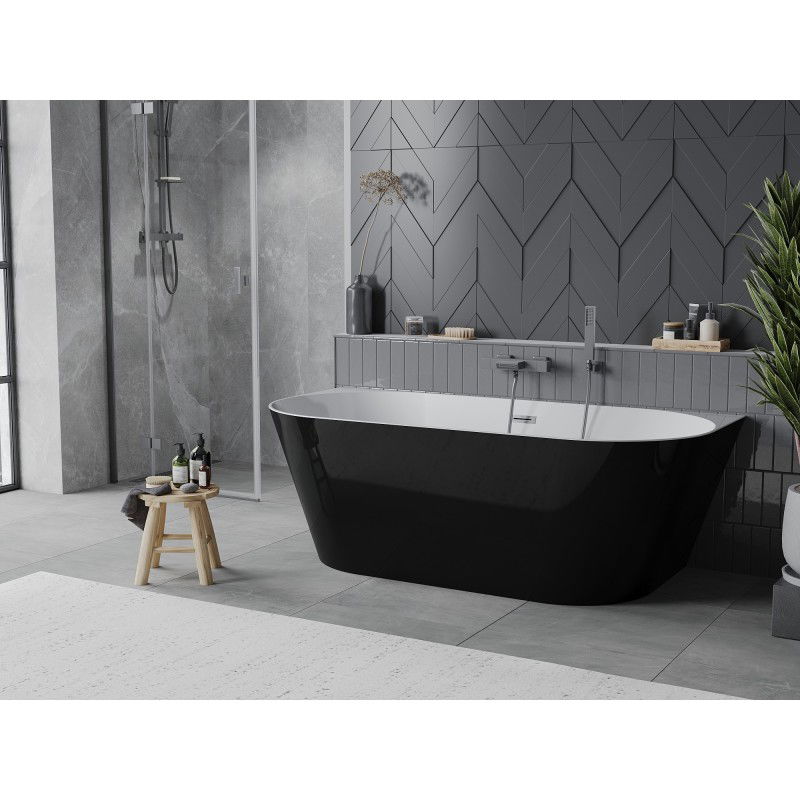 Mexen Oval Slim freestanding back-to-wall bathtub 170 x 80 cm, white/black, brushed gun gray overflow - 52661708075-66